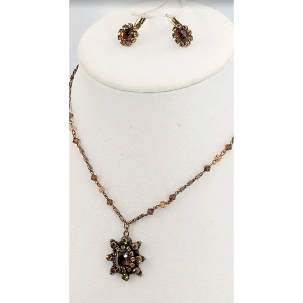 Liz Palacios Amber Crystal Necklace Earrings Set Gold Tone Signed 16 Inch Glam